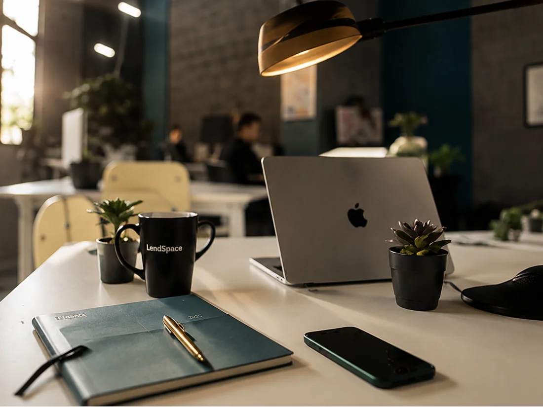 A LendSpace desk with a branded mug and notebook